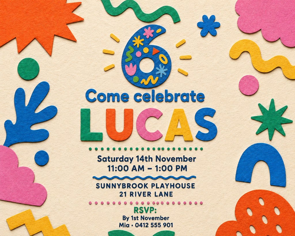 Colorful pastel birthday invitation with playful shapes and party details