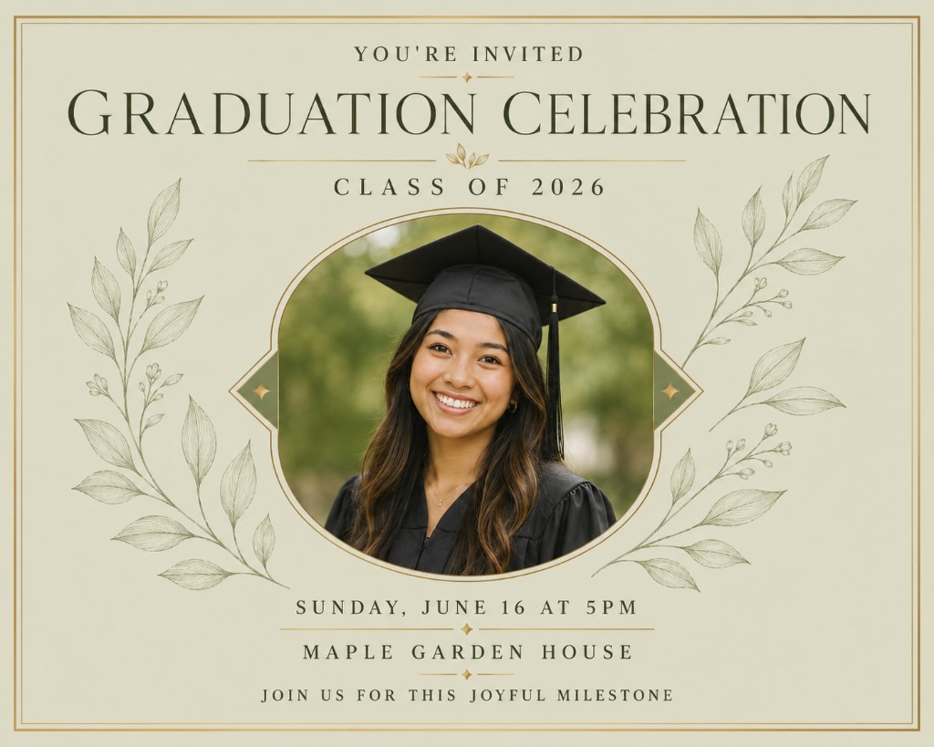 Sage green graduation invitation with portrait frame and botanical line art