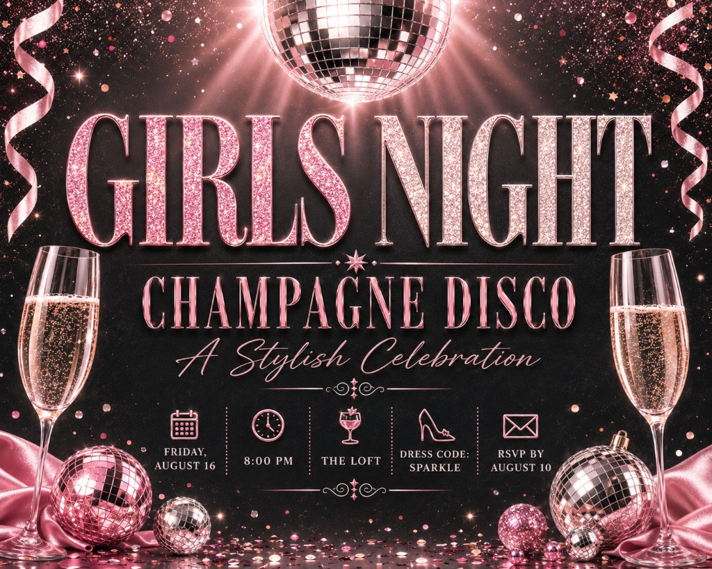 Blush pink champagne disco invitation with glitter typography and disco balls