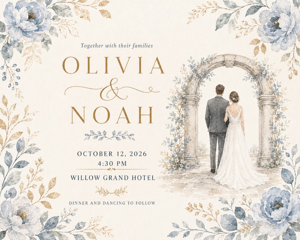 Watercolor wedding invitation with dusty blue florals and a stone arch scene